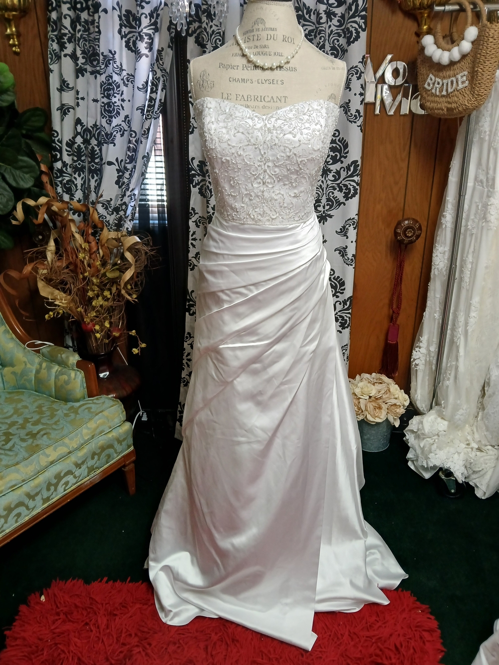 Strapless White Bridal Gown with Beaded Lace Bodice and Satin Skirt